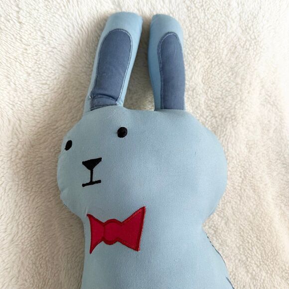 The Land of Nod Blue Bunny Bowtie Pillow 18” Easter Rabbit Plush Nursery Decor - Picture 2 of 5